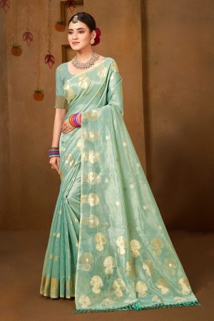 Sangam Prints Sea Green Munga Kota Woven Work Traditional Saree