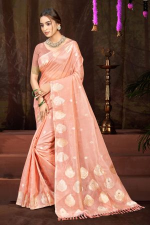 Sangam Prints Peach Munga Kota Woven Work Traditional Saree