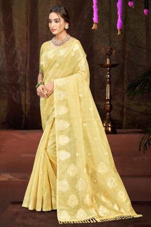 Sangam Prints Yellow Munga Kota Woven Work Traditional Saree