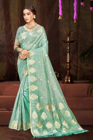 Sangam Prints Sea Green Munga Kota Woven Work Traditional Saree