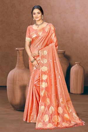 Sangam Prints Peach Munga Kota Woven Work Traditional Saree