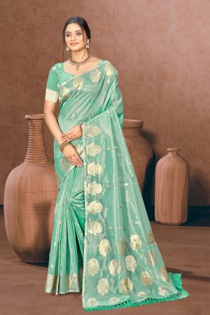 Sangam Prints Green Munga Kota Woven Work Traditional Saree