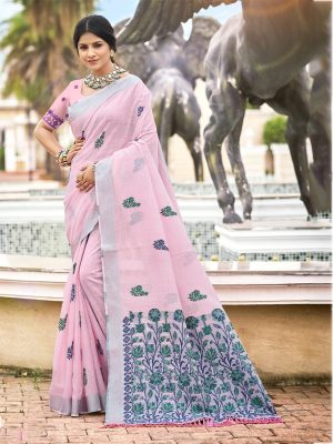Sangam Prints Light Pink Linen Woven Work Traditional Saree