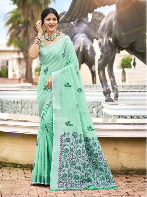 Sangam Prints Olive Green Linen Woven Work Traditional Saree