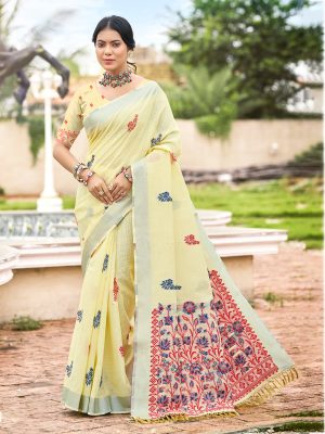 Sangam Prints Yellow Linen Woven Work Traditional Saree