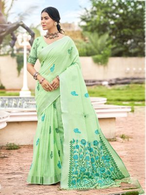 Sangam Prints Parrot Green Linen Woven Work Traditional Saree