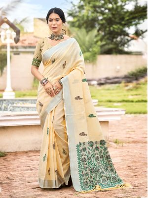 Sangam Prints Beige Linen Woven Work Traditional Saree