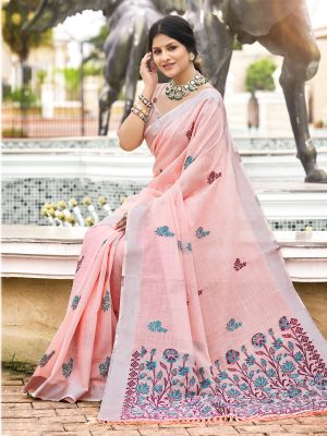 Sangam Prints Pink Linen Woven Work Traditional Saree