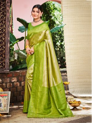 Sangam Prints Green And Gold Kanjivaram Silk Woven Work Traditional Saree