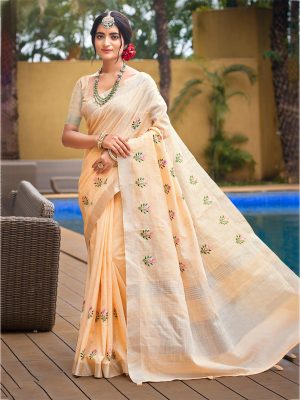 Sangam Prints Peach Linen Woven Work Traditional Saree