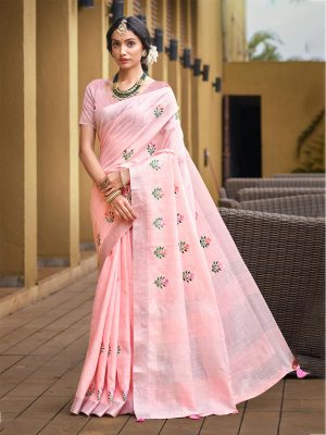Sangam Prints light pink Linen Woven Work Traditional Saree