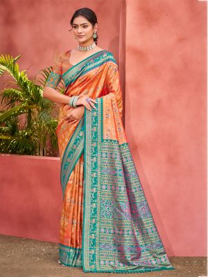 Sangam Prints Light Orange Kanjivaram Silk Woven Work Traditional Saree