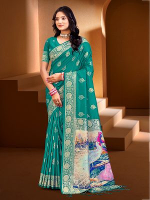 Sangam Prints Teal Green SILK WITH DIGITAL PALLU Woven Work Traditional Saree