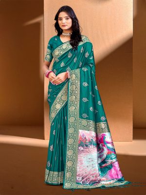 Sangam Prints Teal Green.  SILK WITH DIGITAL PALLU Woven Work Traditional Saree