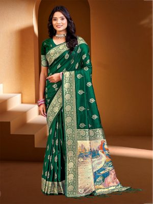 Sangam Prints Dark Green SILK WITH DIGITAL PALLU Woven Work Traditional Saree