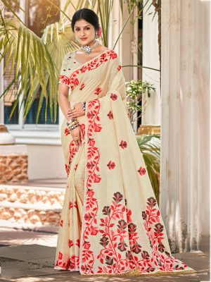 Sangam Prints Cream Linen Woven Work Traditional Saree