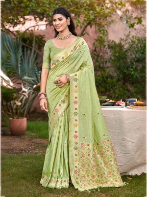 Sangam Prints Light Green Havy Assam Silk Saree With Meena Woven Work Traditional Saree