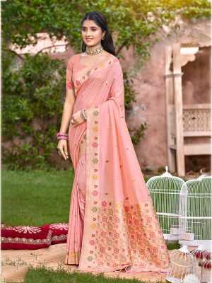 Sangam Prints Peach Havy Assam Silk Saree With Meena Woven Work Traditional Saree