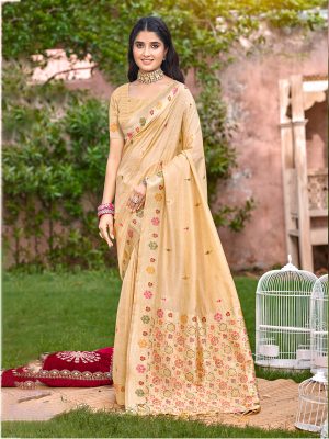 Sangam Prints Cream Havy Assam Silk Saree With Meena Woven Work Traditional Saree