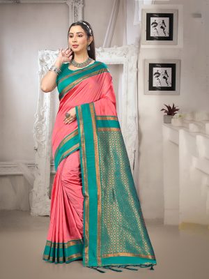 Sangam Prints Dark Peach Silk Woven Work Traditional Saree