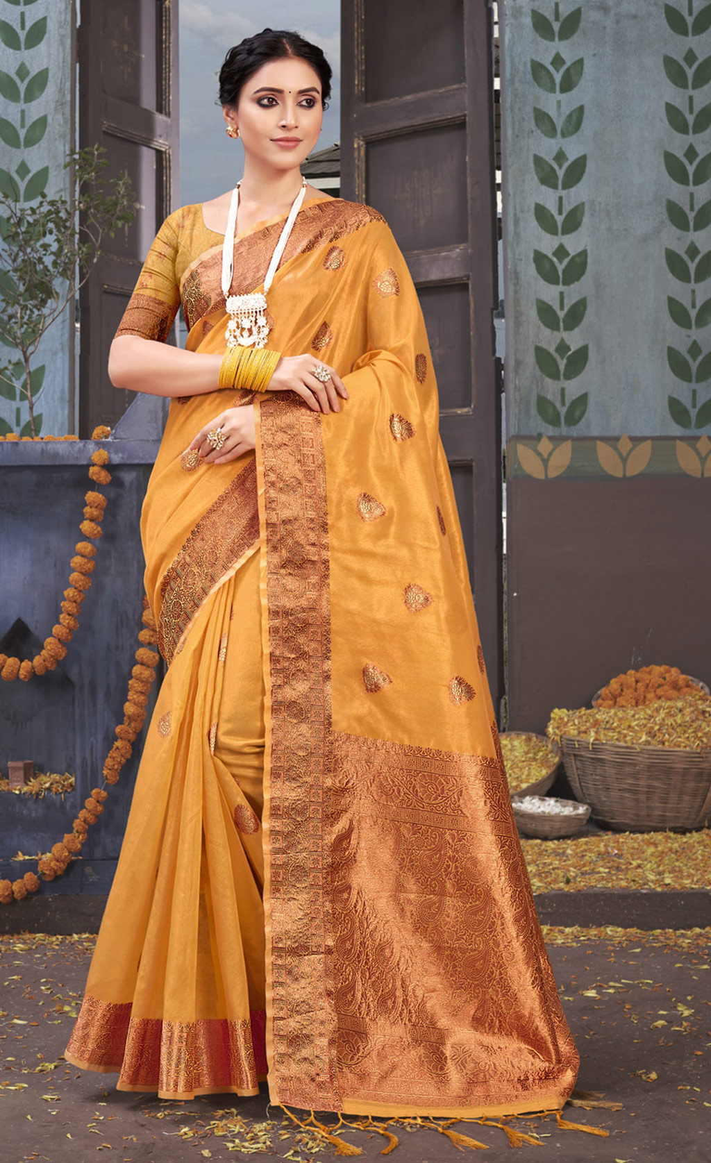 Mustard Yellow Organza Saree | Leemboodi