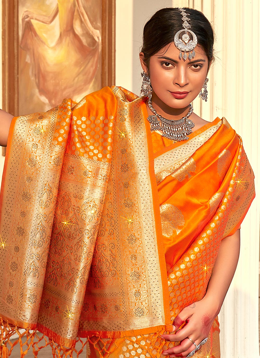 Orange Fancy Silk Saree – StylebyPanaaash