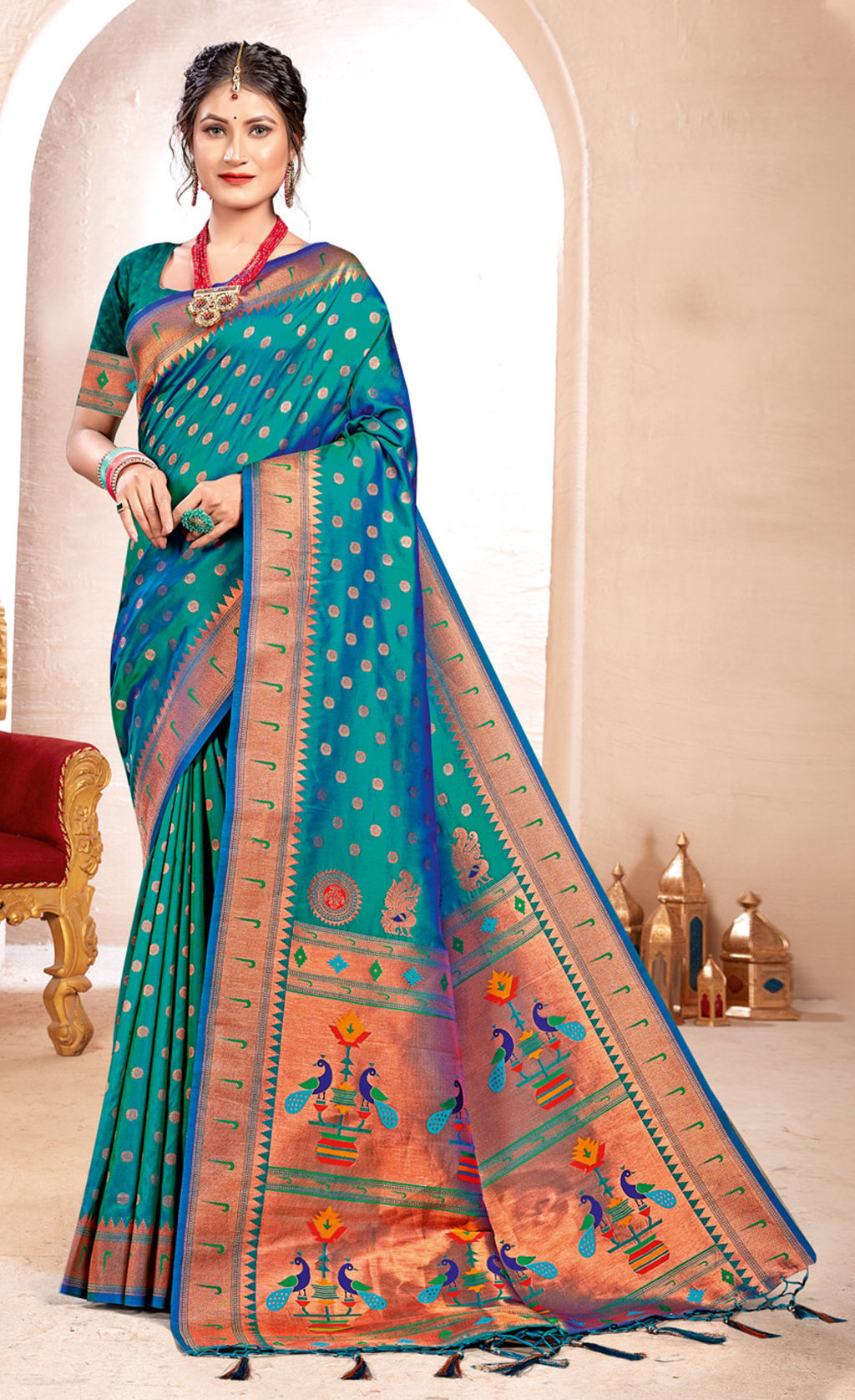 Buy Wedding Wear Peach Paithani Work Silk Saree Online From Surat Wholesale  Shop.