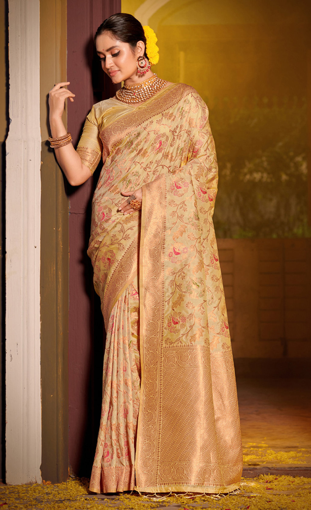 Refreshing Gold Coloured Festive Wear Woven Silk Saree