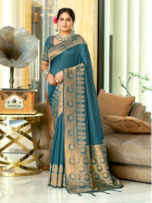 Sangam Prints Ocean Blue Assam Silk Woven Work Traditional Saree