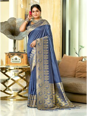 Sangam Prints Navy Blue Assam Silk Woven Work Traditional Saree