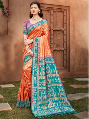 Sangam Prints Orange Kanjivaram Silk Woven Work Traditional Saree