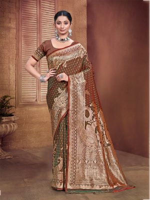 Sangam Prints Dark Brown Silk Woven Work Traditional Saree
