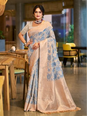 Sangam Prints Sky Blue COTTON SILK Woven Work Traditional Saree