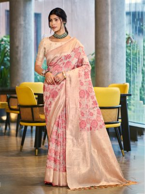 Sangam Prints Pastel Pink COTTON SILK Woven Work Traditional Saree